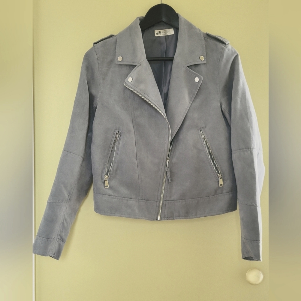 Girls Grey Moto Jacket Zip pockets Suede Feel